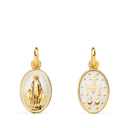 MEDALLA DE ORO VIRGEN MILAGROSA ESMALTE BLANCO PEQUEÑA